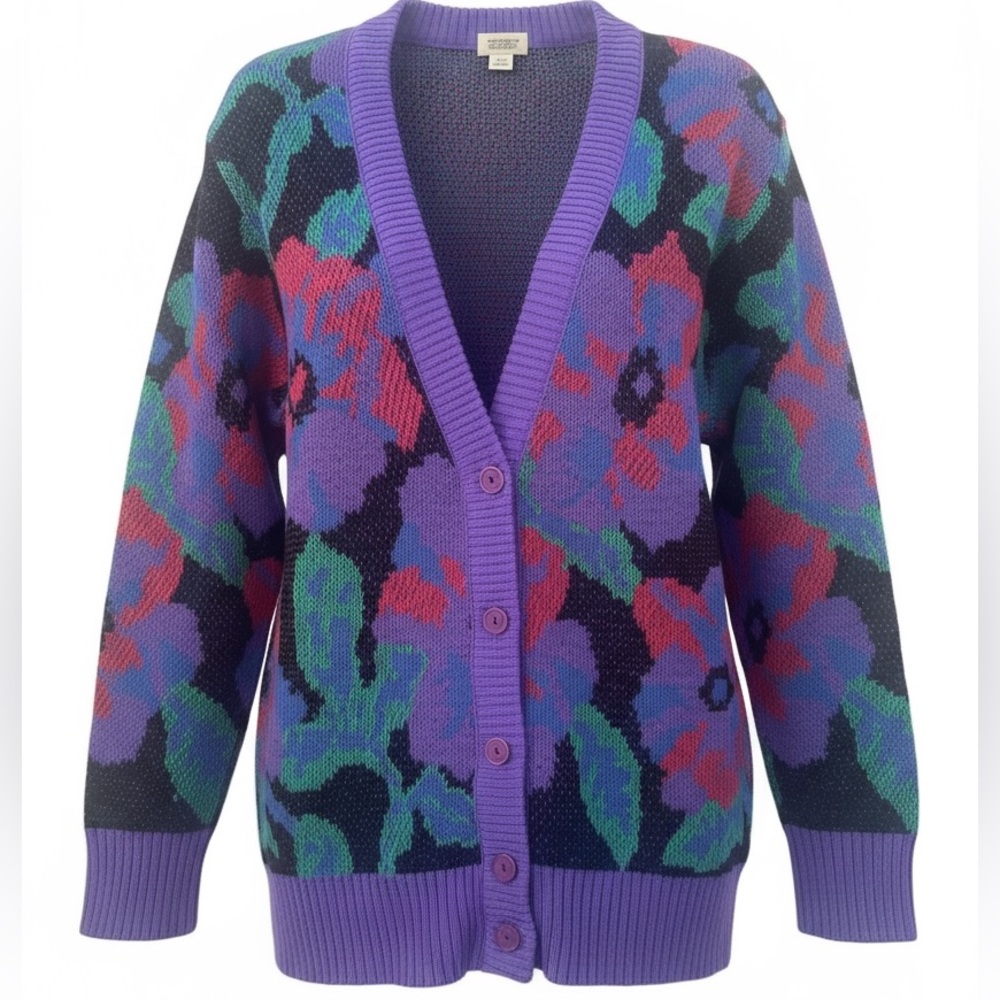 Vintage Aileen 80s Floral Knit Cardigan Sweater Bold Retro Print Made in USA
